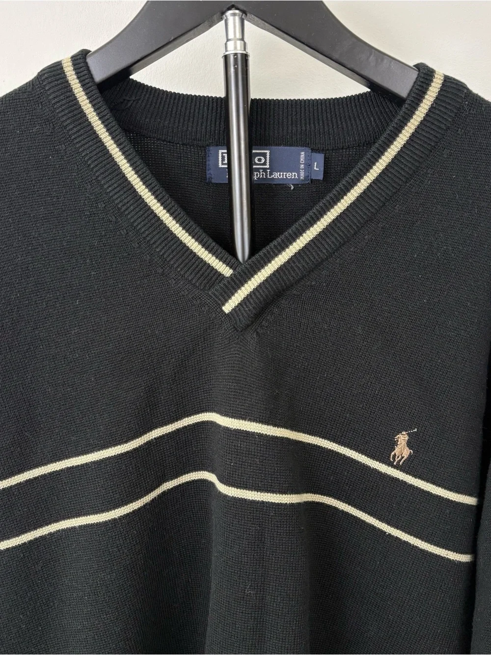 Vintage Polo by Ralph Lauren Black + Gold V-Neck Sweater with Contrast Stripes